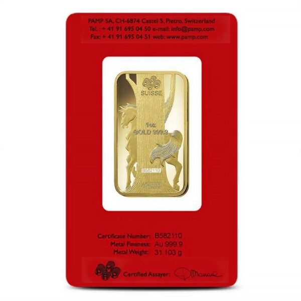 1 oz PAMP Suisse Lunar Horse Gold Bar (New w/ Assay) - Image 2