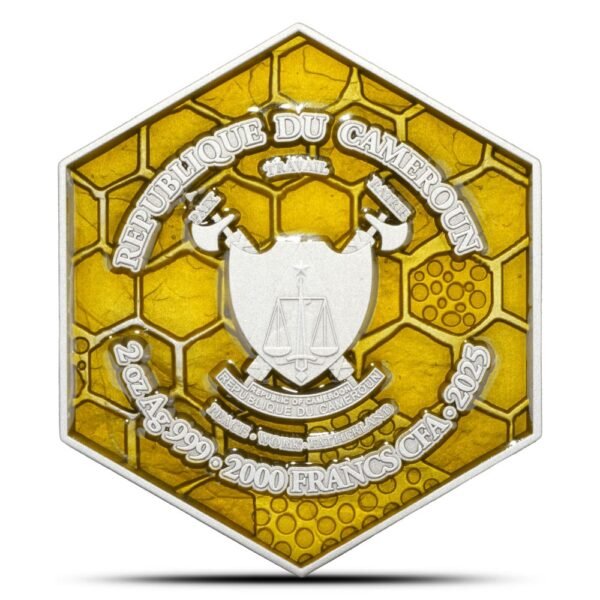2025 2 oz Antique Cameroon Silver Honey Bees Coin (Enameled, Box + CoA) - Image 2
